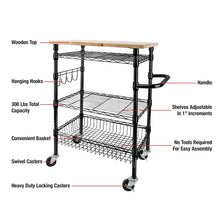 3-tier rolling utility cart with wire shelves, solid wood top, and locking casters.