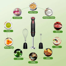 Black immersion blender with multiple blending attachments for food prep