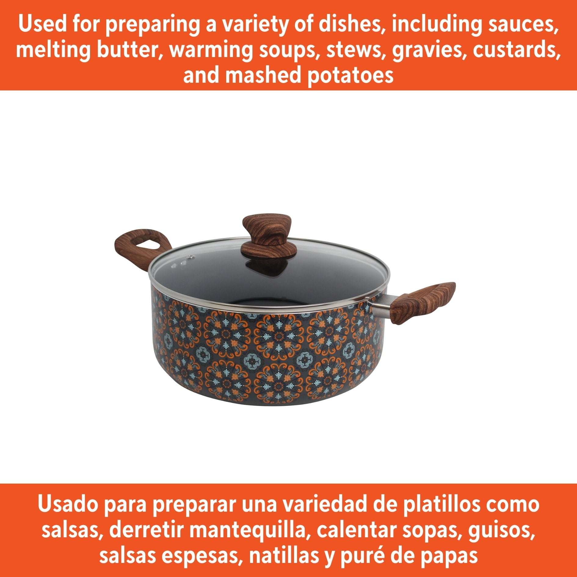 IMUSA 4.8qt Talavera Aluminum Black Ceramic Dutch Oven with Glass Lid & Wood Look Handles