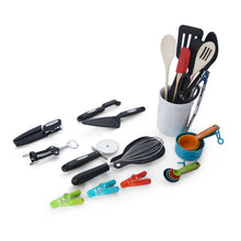 Multicolor kitchen utensil set with utensil crock and assorted tools