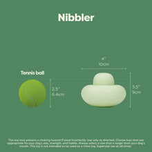 Mint green Nibbler dog toy with ribbed base and rounded top, sized diagram