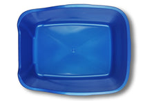 Blue high-sided cat litter box with rectangular interior and rounded corners