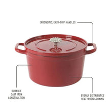 Red enamel cast iron Dutch oven with lid and ergonomic loop handles