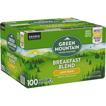 Green Mountain Breakfast Blend light roast K-Cup pod box side, 100 count