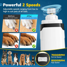 White pet nail grinder with black front panel and adjustable speed switch area