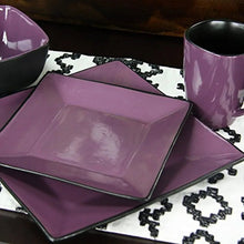 Glossy purple square plates with dark rim, part of stoneware dinner set
