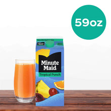 59 fl oz Minute Maid Tropical Punch juice carton with a glass of orange drink