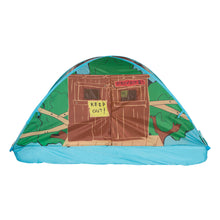 Pop-up play tent with blue base and green roof, treehouse graphic front panel