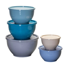 Set of plastic nesting mixing bowls with matching lids in blue and gray tones