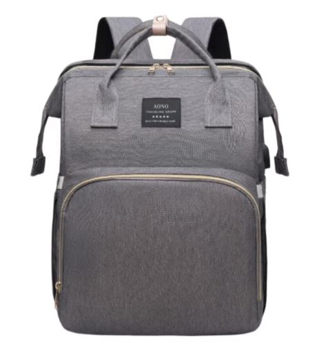 Gray backpack with a visible brand label on a white background