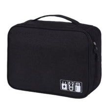 Black electronics accessories case with top handle, zipper, and organizer icons