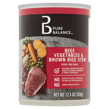 Wet dog food can with Pure Balance logo: beef, vegetables & brown rice stew