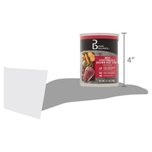 Wet dog food can, height shown as 4 inches, beef, vegetables & brown rice stew