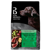 Grain-free dry dog food bag front view with dog portrait and Lamb & Fava Bean Recipe