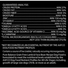 Guaranteed analysis panel listing protein, fat, fiber, moisture, zinc and vitamins