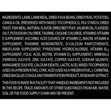 Ingredients list for grain-free lamb and fava bean dry dog food