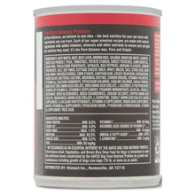 Wet dog food can back panel with nutrition and ingredient information