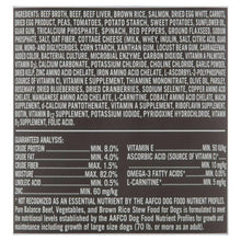 Wet dog food can ingredients list panel, including beef and brown rice