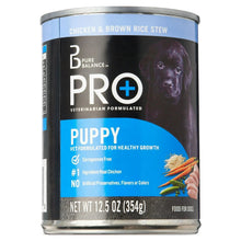 Wet dog food can with Puppy Pro+ label, chicken & brown rice stew, 12.5 oz