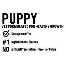 Wet dog food can label stating Puppy vet formulated, carrageenan-free, real chicken