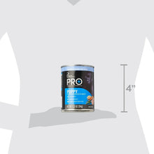 Wet dog food can with Puppy Pro+ label shown with a 4-inch size marker