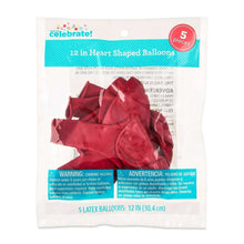 Sealed pack of five red heart-shaped latex balloons, 12 in size