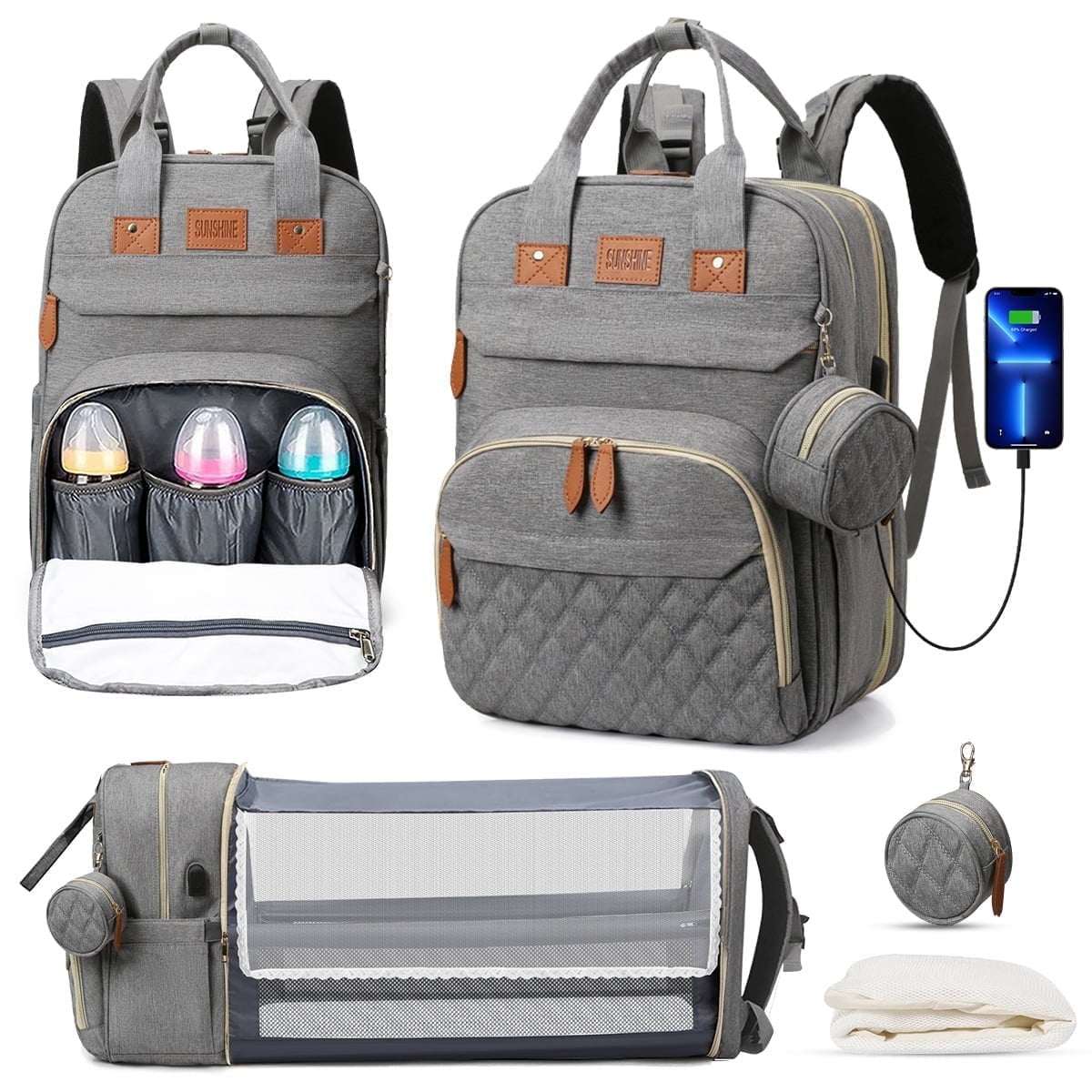 Baby Diaper Bag Backpack, Lightweight, Insulated Pockets (Gray)
