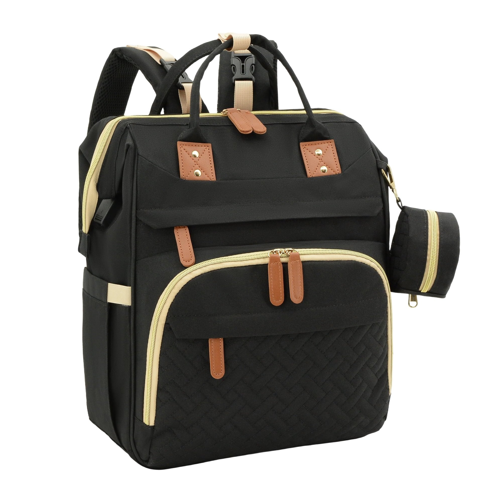 Black backpack with beige accents on a white background