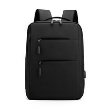 Black laptop backpack with zip front, padded straps, and front organizer compartments