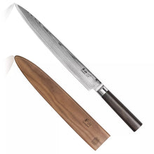 Kitchen slicer knife with textured steel blade, dark handle, and wood sheath