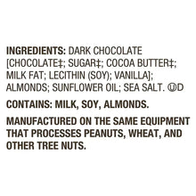 Ingredient list panel for dark chocolate with almonds and sea salt on pouch
