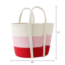 Cotton rope basket with pink and red stripes, white handles; 10" W x 15" H.