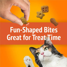 Hand placing fun-shaped crunchy cat treat bites for a cat