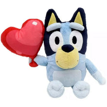 Bluey plush toy in light blue holding a red heart balloon