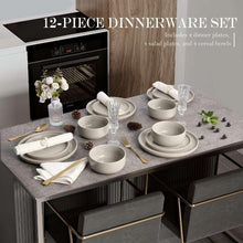 Ceramic 12-piece dinnerware set with plates and cereal bowls, tan and cream