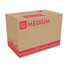 Medium moving box, kraft brown with red size band on front panel