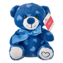Blue plush bear plush with light heart pattern, blue bow, and swing tag