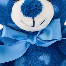 Blue plush bear close-up with white muzzle and blue satin bow