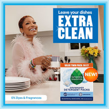 Seventh Generation dishwasher detergent pack box beside clean dishes.