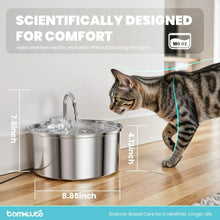 Stainless steel pet water fountain with curved faucet and circular top bowl