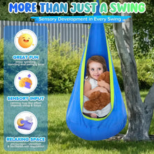 Kids pod swing seat hammock in blue with child and glowing LED trim