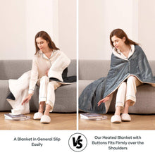 Gray electric throw blanket with white sherpa edge, being adjusted to fit securely.