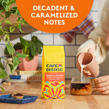 Ground coffee bag on tabletop, Dulce de Leche flavor, yellow package