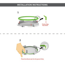 Round glass container lid with green silicone seal, shown with installation steps diagram