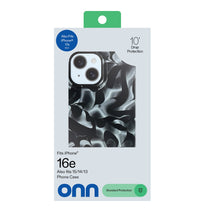 Phone case in retail packaging with metallic silver ripple pattern on a black case
