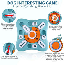 Blue dog puzzle toy with rotating orange center, bone sliders, and paw icons