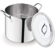 Stainless steel stock pot with metal lid and loop handles, reflective interior