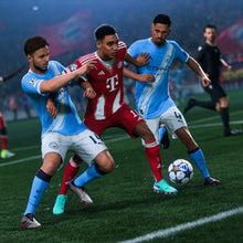EA SPORTS FC 26 PS5 game: soccer match with red and light-blue players battling