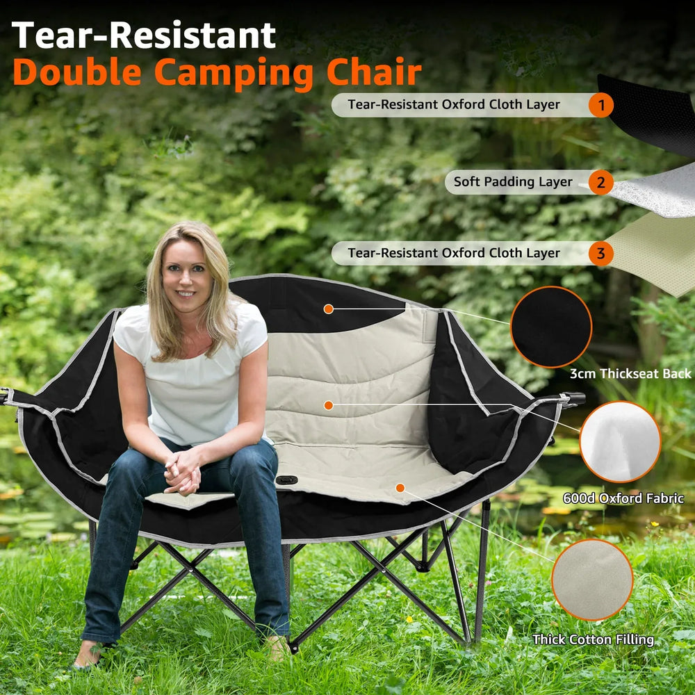 Jacgood Double Camping Chair for Couples, Comfortable Folding Loveseat with 2 Cup Holders & Armrests, Heavy-Duty 660lb Capacity for Camping - USA MEGA SHOP