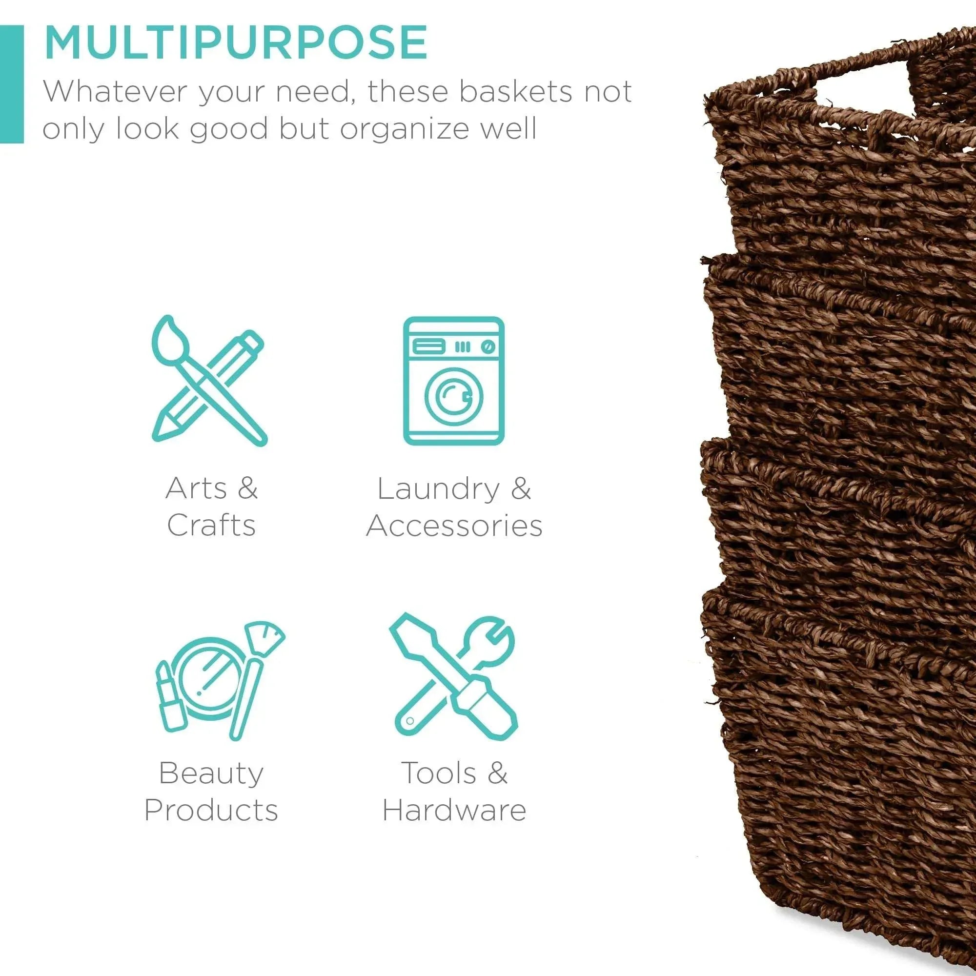 Best Choice Products Set of 4 Multipurpose Stackable Seagrass Laundry Organizer Tote Baskets w/ Insert Handles